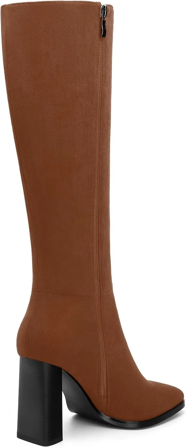 Womens High Heeled Knee High Boots, Square Toe Chunky Heel Knee-high Boots for Women, Fashion Dress Boots Zipper 3.5"