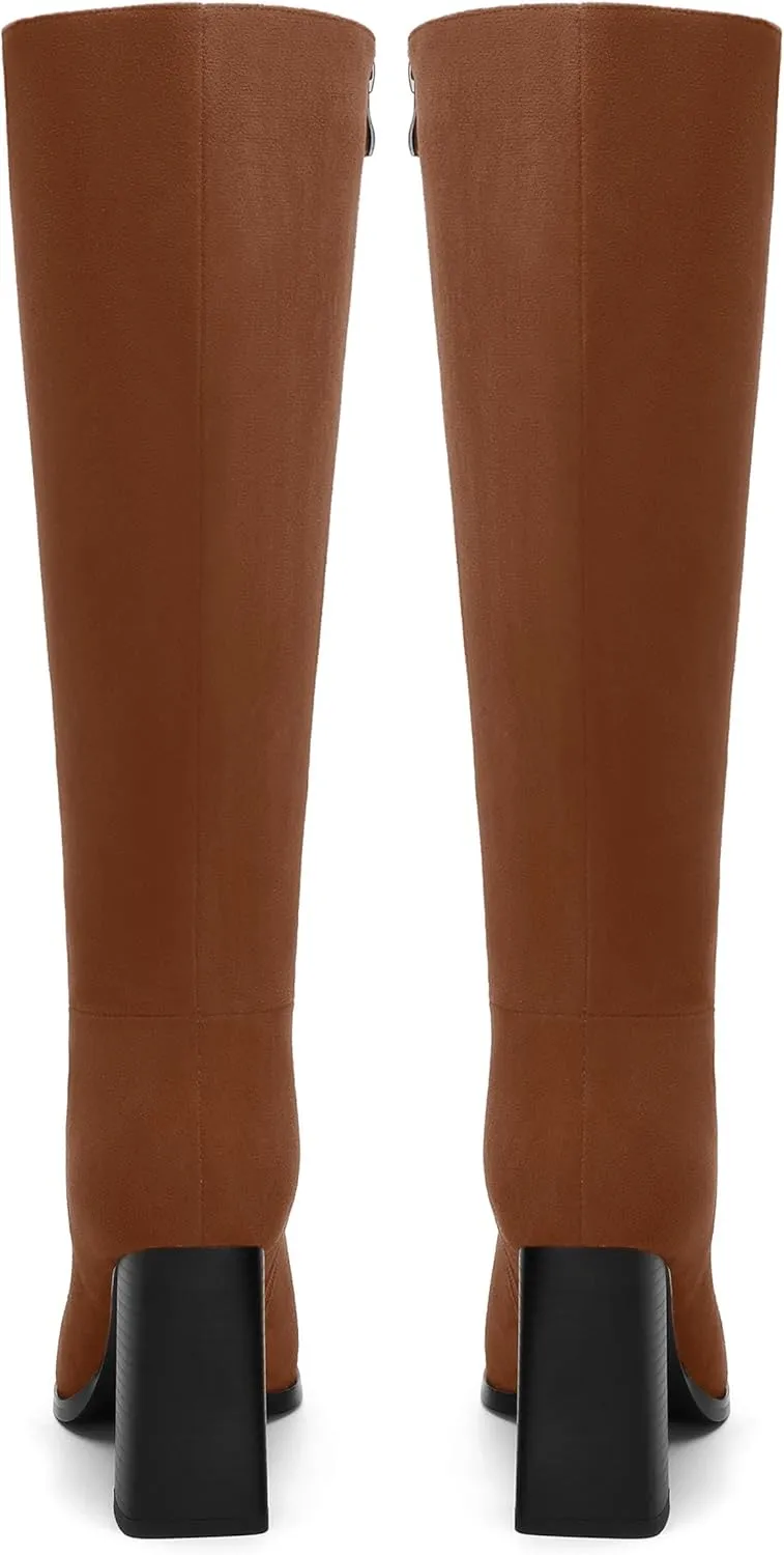 Womens High Heeled Knee High Boots, Square Toe Chunky Heel Knee-high Boots for Women, Fashion Dress Boots Zipper 3.5"