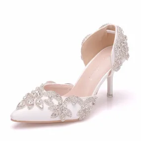 Women's rhinestone wedding heels pointed closed toe d’Orsay pumps for party