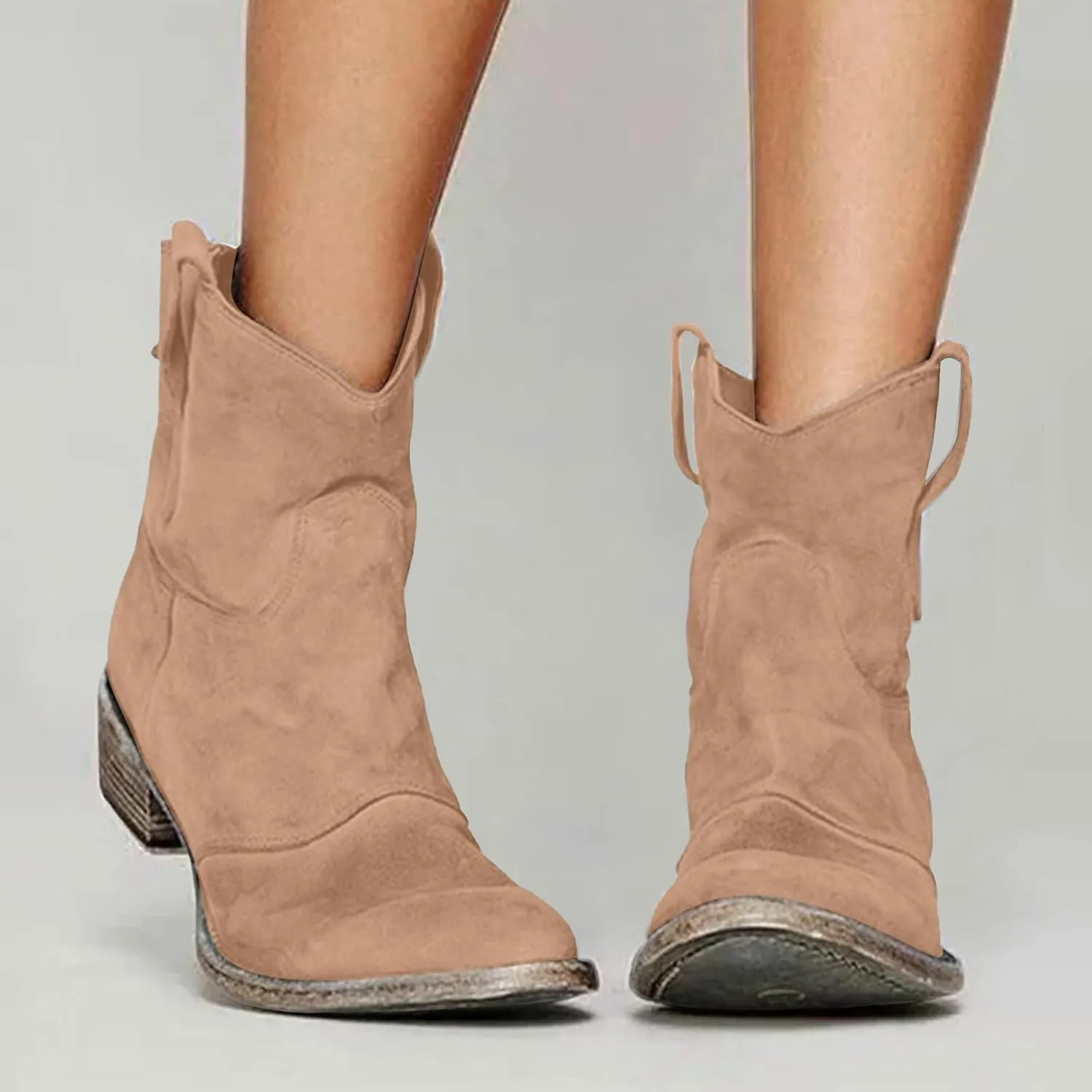 Women's Western Cowboy Ankle Boots Low Heel Mid Calf Cowgirl Boots Slip On Round Toe Chunky Heel Boots Retro Classic Boots