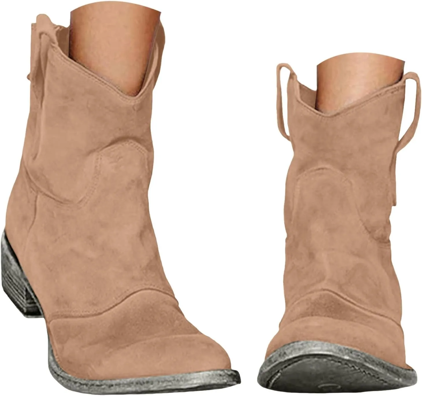 Women's Western Cowboy Ankle Boots Low Heel Mid Calf Cowgirl Boots Slip On Round Toe Chunky Heel Boots Retro Classic Boots