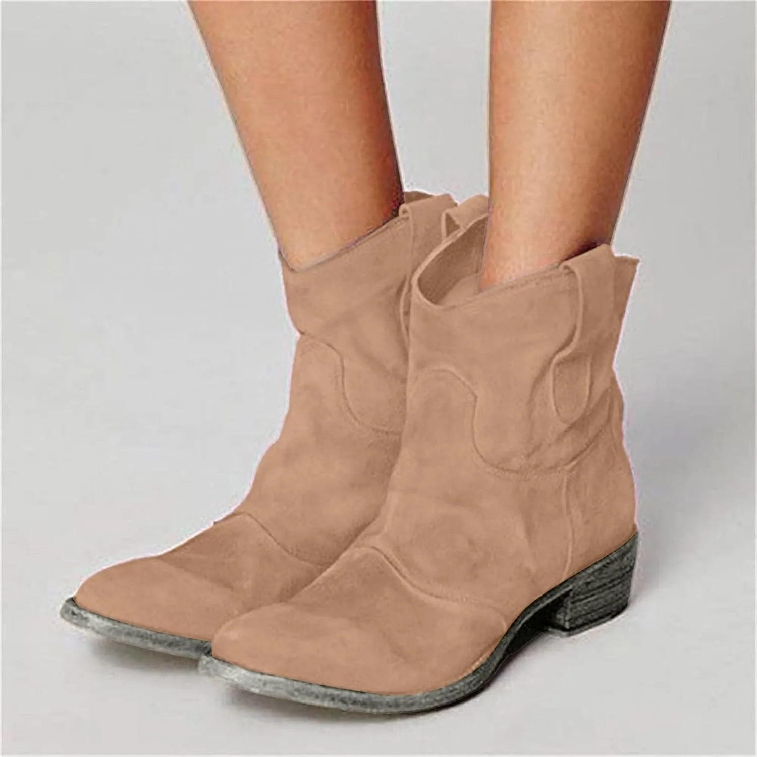 Women's Western Cowboy Ankle Boots Low Heel Mid Calf Cowgirl Boots Slip On Round Toe Chunky Heel Boots Retro Classic Boots
