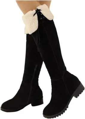 ZBYY Women's Knee High Stretchy Long Boots Fashion Anti-Slip Fur Lined Snow Boots Warm Winter Thigh High Low Flat Heel Boots Shoes