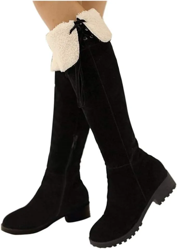 ZBYY Women's Knee High Stretchy Long Boots Fashion Anti-Slip Fur Lined Snow Boots Warm Winter Thigh High Low Flat Heel Boots Shoes